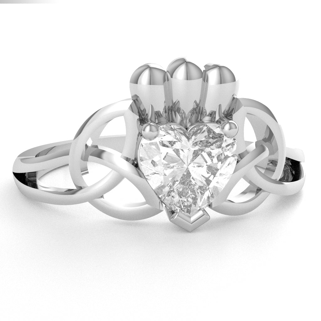 Celtic Trinity Knot Claddagh White Topaz Engagement Ring In 14k White Gold