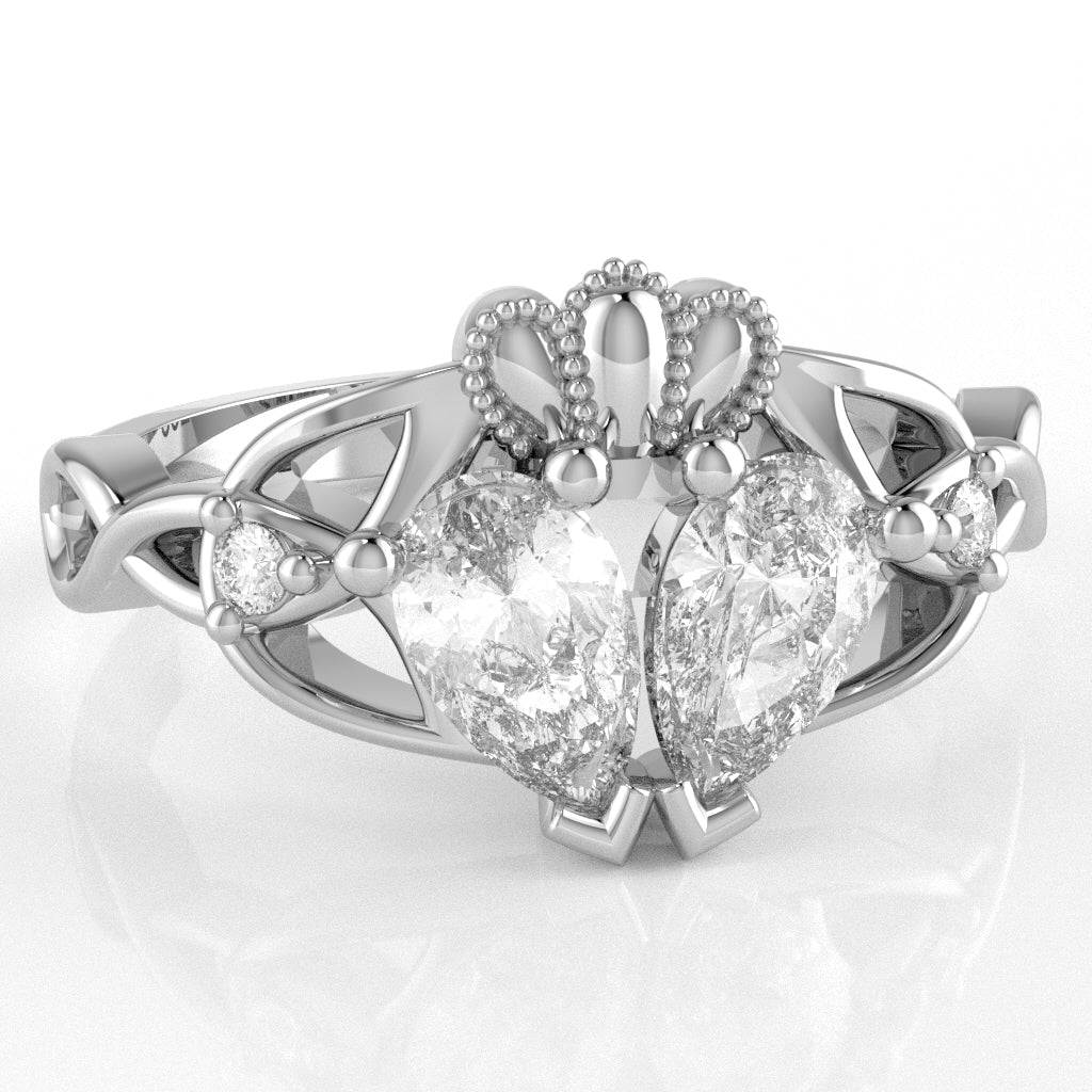 White Topaz Diamond Celtic Knot Heart Claddagh Ring In 10k White Gold