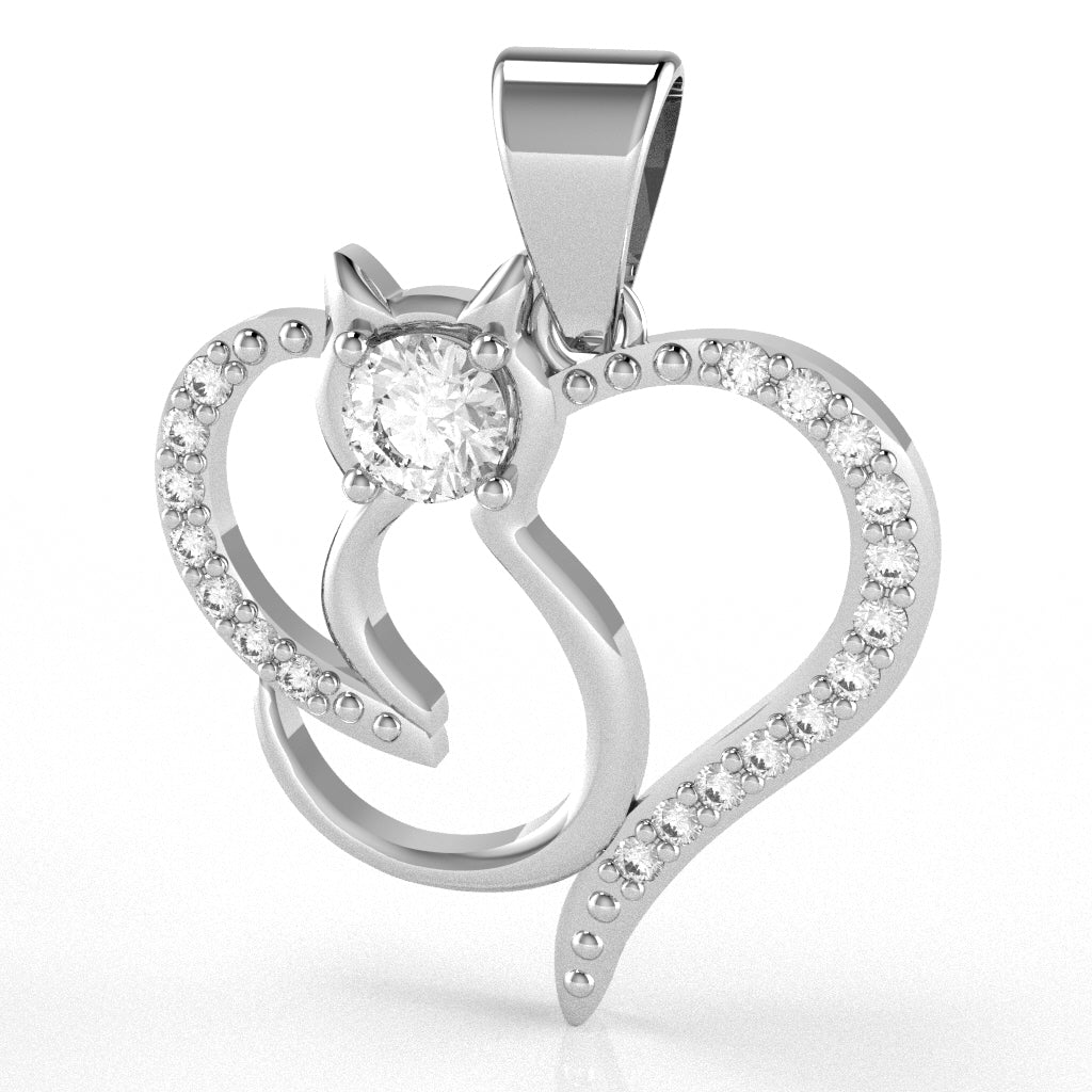 White Topaz Diamond Cat Love Heart Pendant In 14k White Gold
