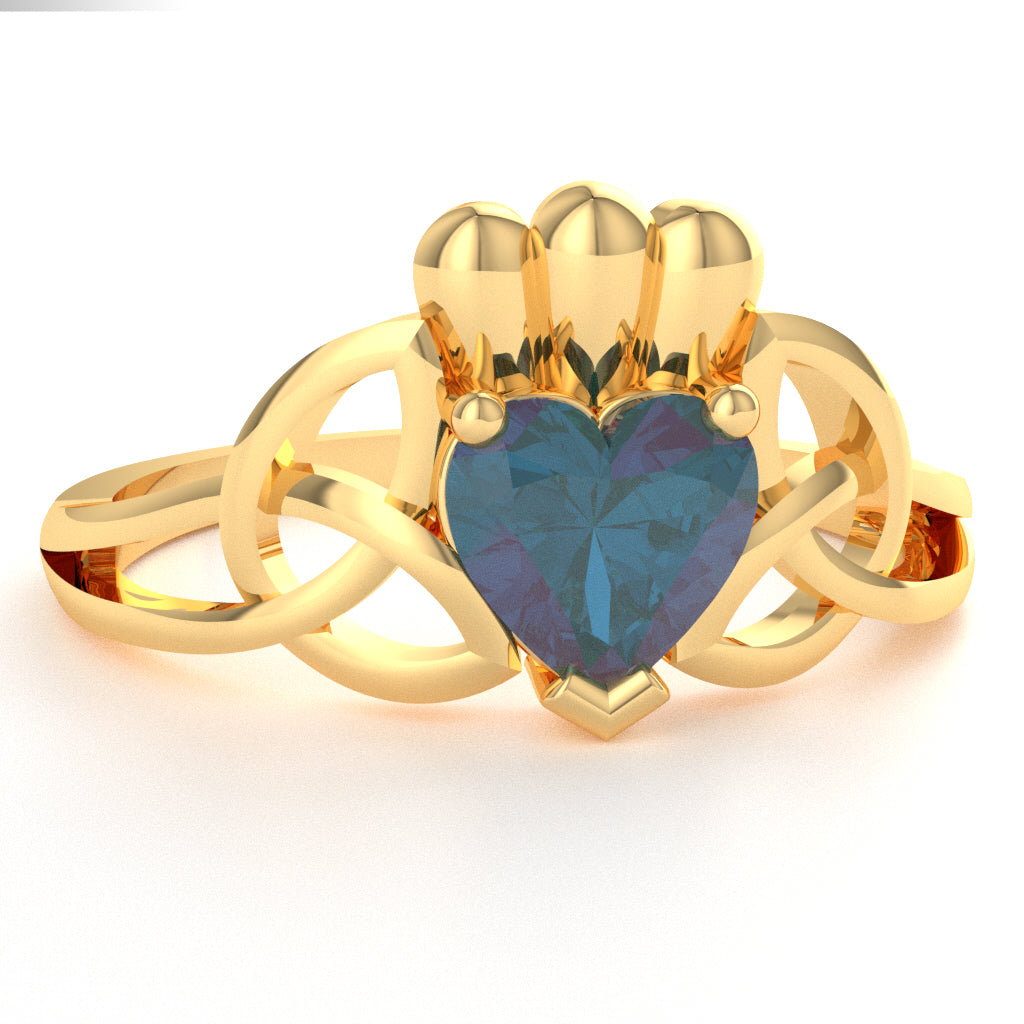 Celtic Trinity Knot Claddagh Lab-Created Alexandrite Engagement Ring In 14k Yellow Gold