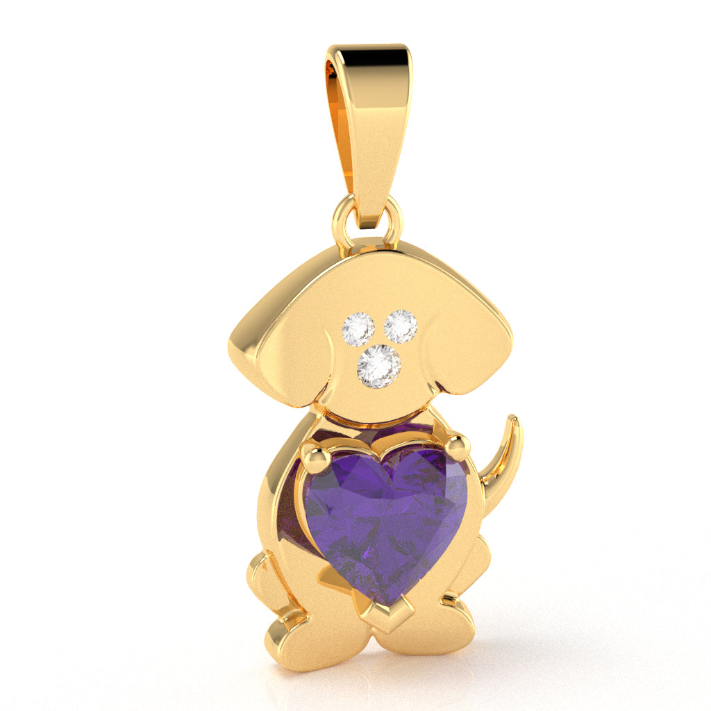 Amethyst Diamond Puppy Love Heart Pendant In 14k Yellow Gold