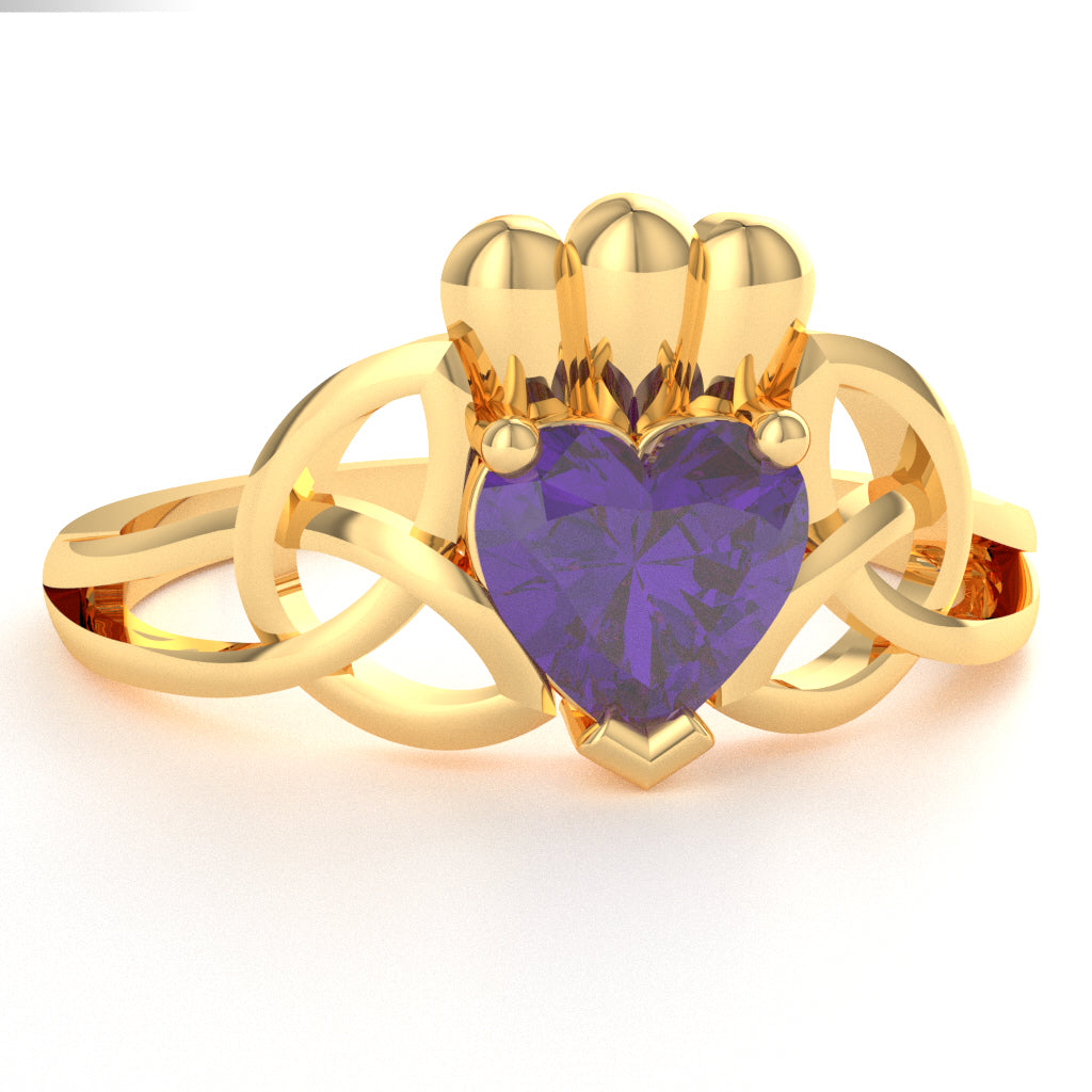 Celtic Trinity Knot Claddagh Amethyst Engagement Ring In 14k Yellow Gold