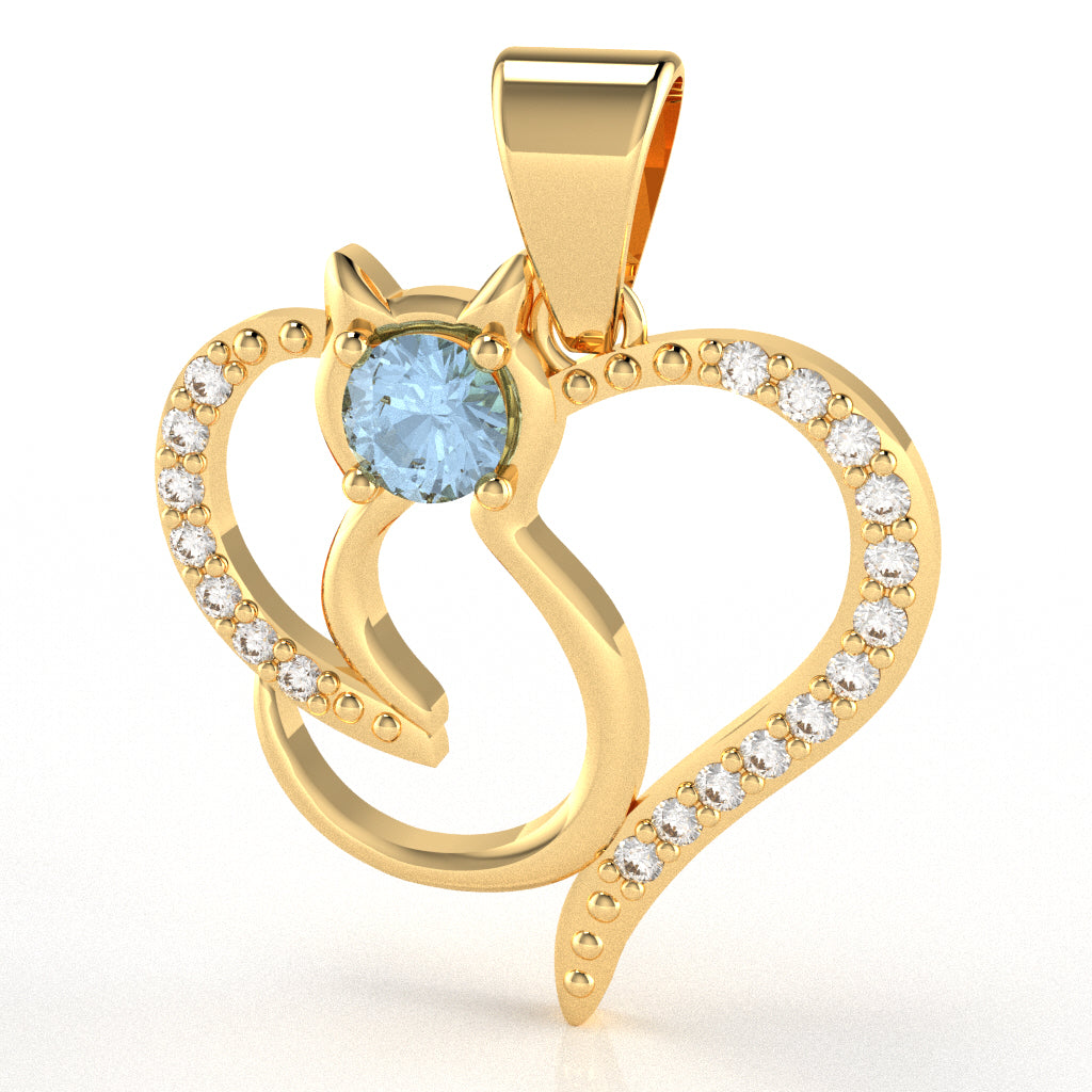 Aquamarine Diamond Cat Love Heart Pendant In 10k Yellow Gold