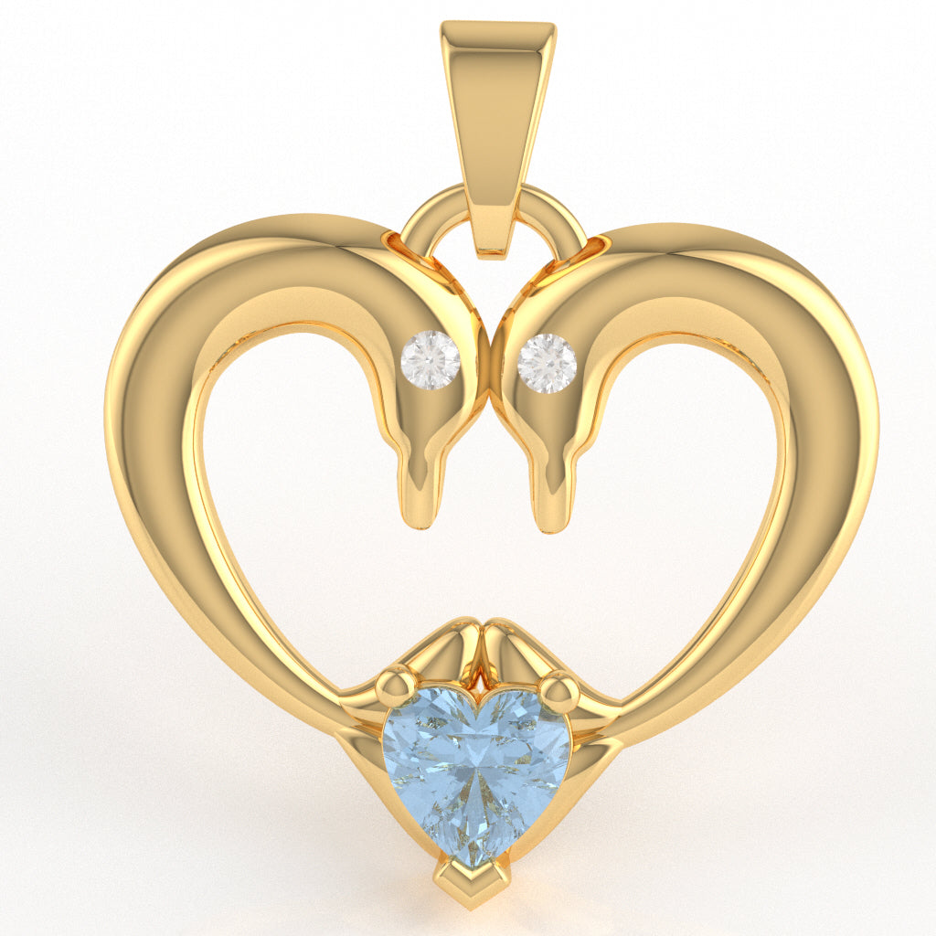 Aquamarine Diamond 2 Dolphins Heart Love Pendant In 14k Yellow Gold
