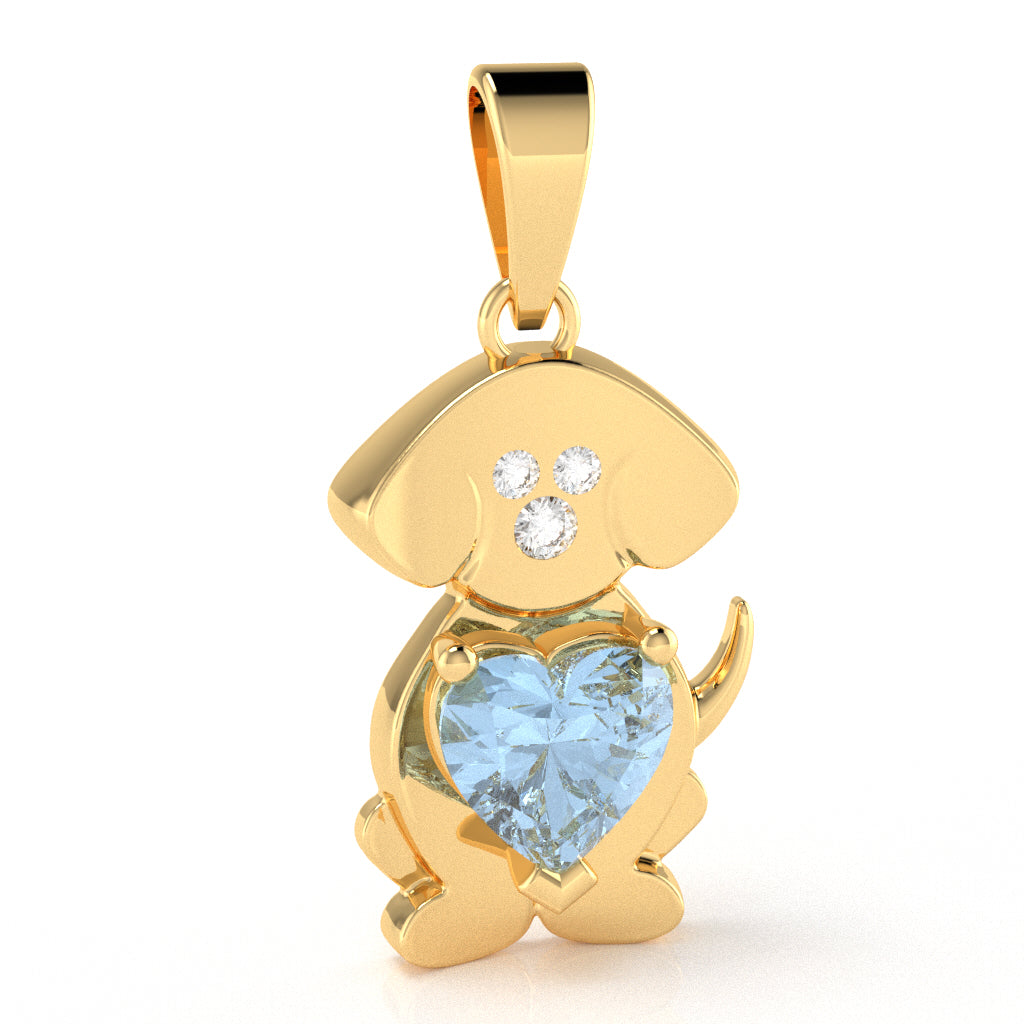 Aquamarine Diamond Puppy Love Heart Pendant In 14k Yellow Gold