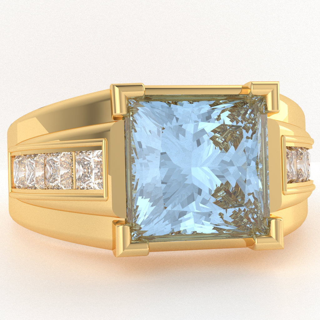 Men's Big Daddy Aquamarine Lab-Grown Diamond Channel Ring In Solid 10k Yellow Gold