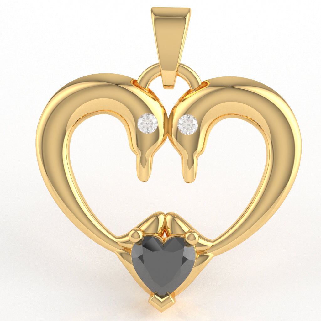 Black Onyx Diamond 2 Dolphins Heart Love Pendant In 10k Yellow Gold