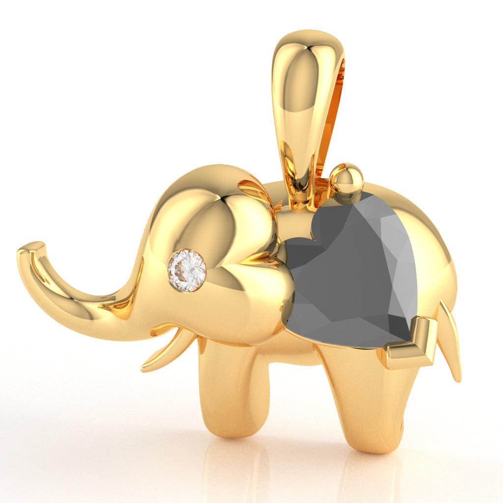 Black Onyx Diamond Elephant Heart Birthstone Pendant In 10k Yellow Gold
