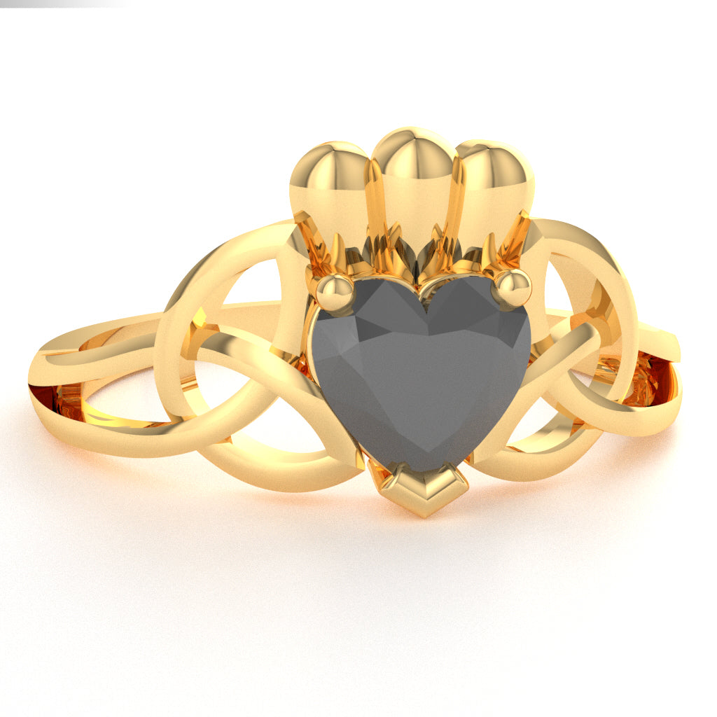 Celtic Trinity Knot Claddagh Black Onyx Engagement Ring In 14k Yellow Gold