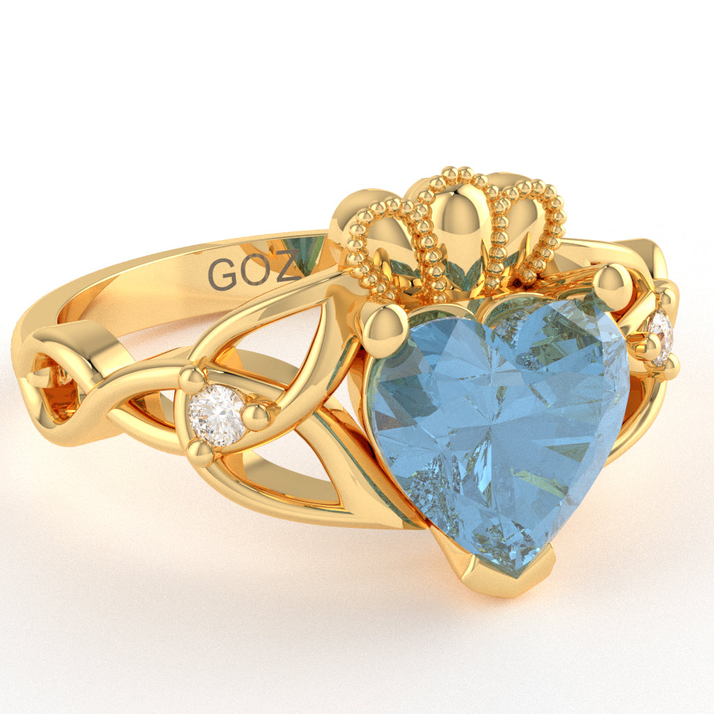 Celtic Trinity Knot Claddagh Heart Blue Topaz Diamond Ring In 10k Yellow Gold