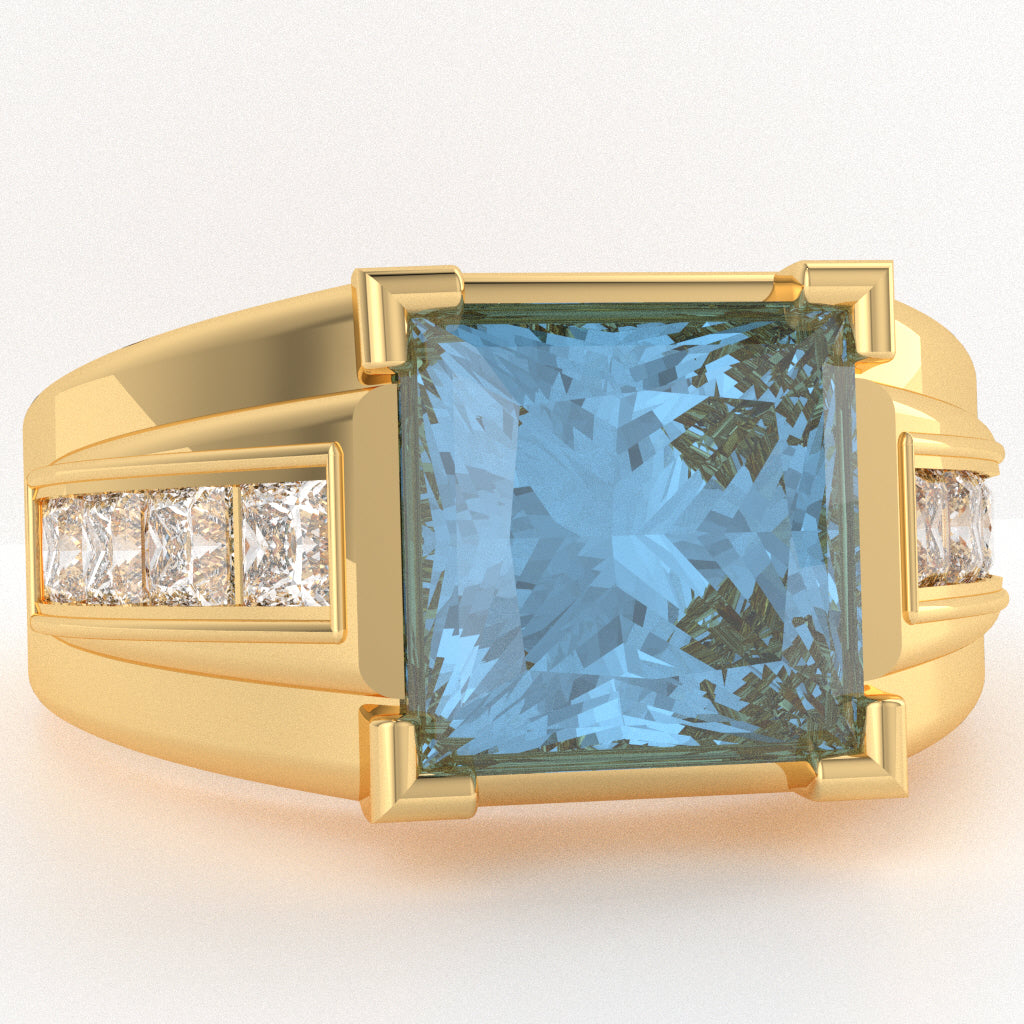 Men's Big Daddy Blue Topaz Lab-Grown Diamond Channel Ring In Solid 10k Yellow Gold