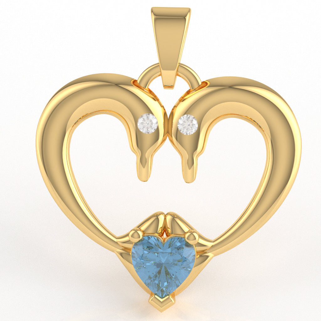 Blue Topaz Diamond 2 Dolphins Heart Love Pendant In 10k Yellow Gold