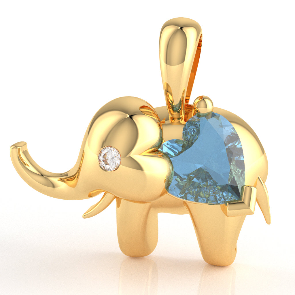 Blue Topaz Diamond Elephant Heart Birthstone Pendant In 14k Yellow Gold
