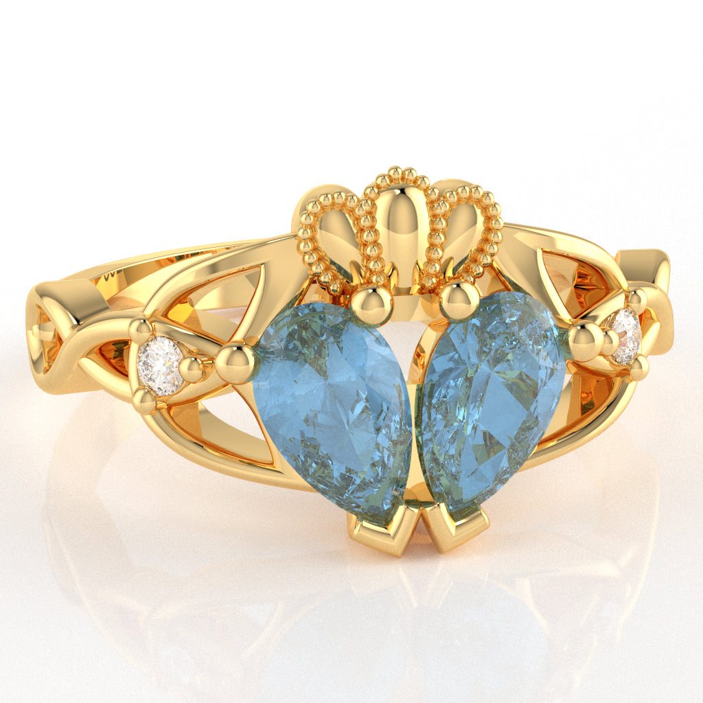 Blue Topaz Diamond Celtic Knot Heart Claddagh Ring In 10k Yellow Gold