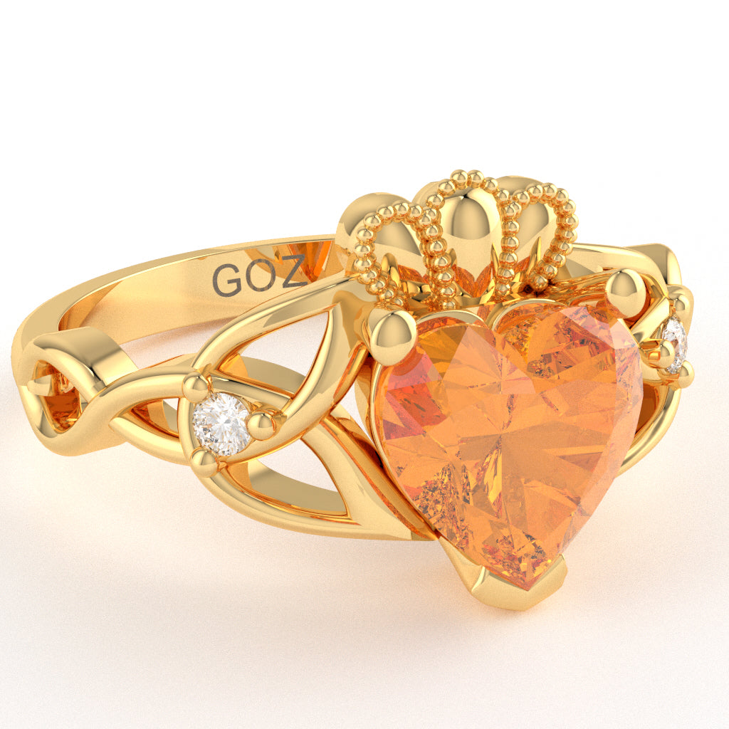 Celtic Trinity Knot Claddagh Heart Citrine Diamond Ring In 14k Yellow Gold