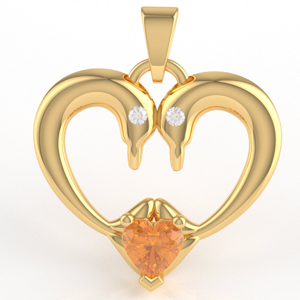 Citrine Diamond 2 Dolphins Heart Love Pendant In 10k Yellow Gold