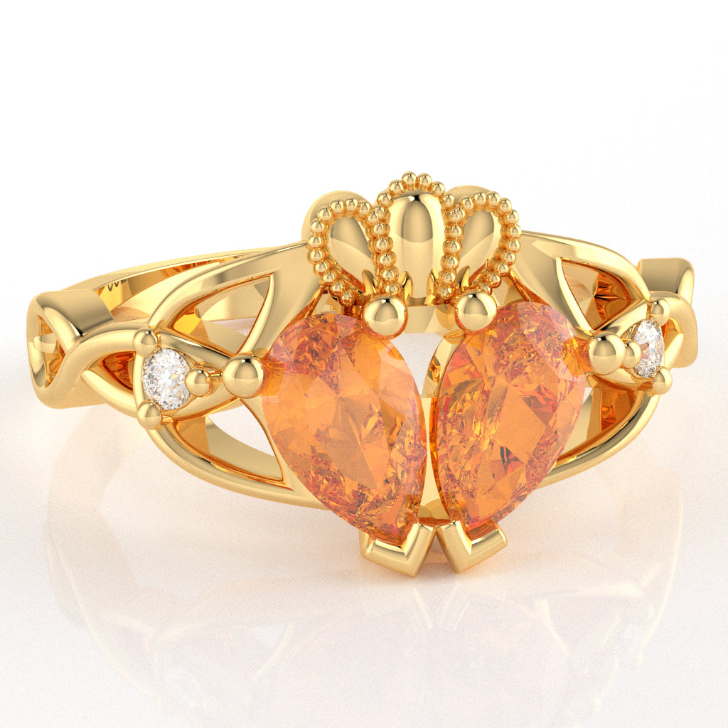 Citrine Diamond Celtic Knot Heart Claddagh Ring In 10k Yellow Gold