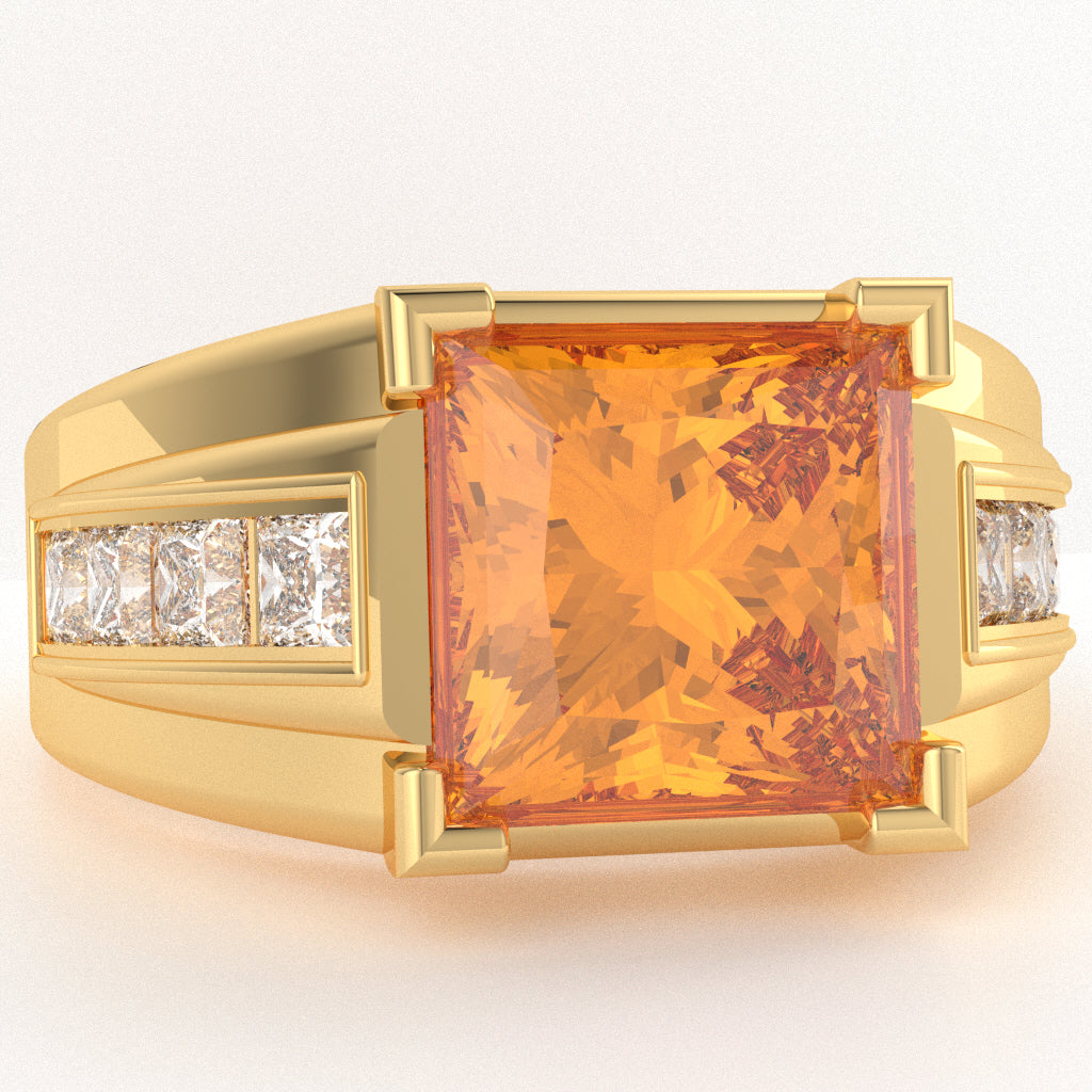 Men's Big Daddy Citrine Lab-Grown Diamond Channel Ring In Solid 14k Yellow Gold