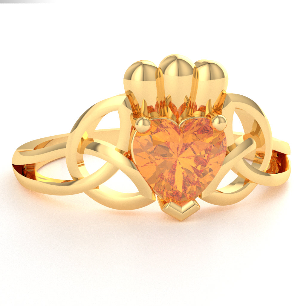 Celtic Trinity Knot Claddagh Citrine Engagement Ring In 14k Yellow Gold