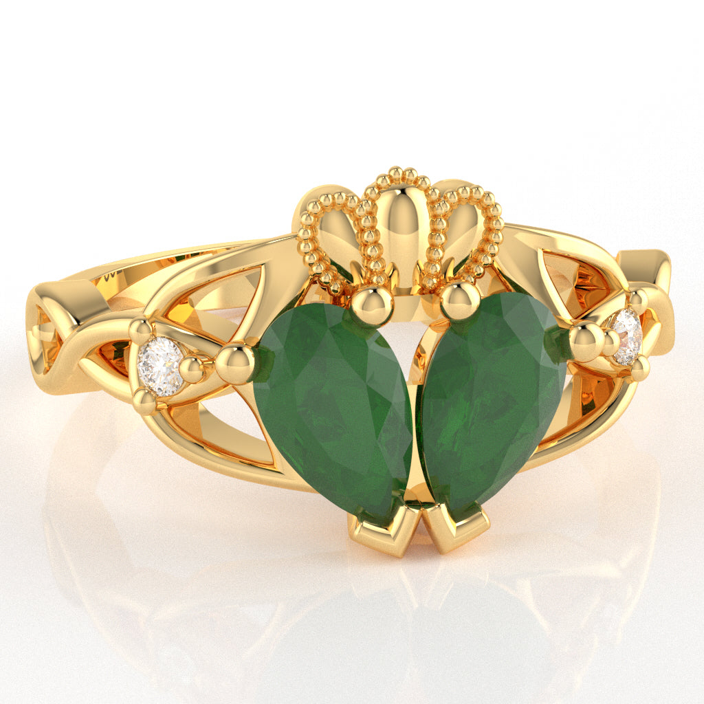 Emerald Diamond Celtic Knot Heart Claddagh Ring In 14k Yellow Gold