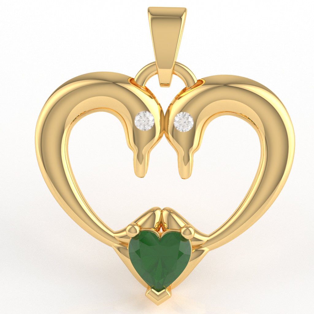 Emerald Diamond 2 Dolphins Heart Love Pendant In 14k Yellow Gold