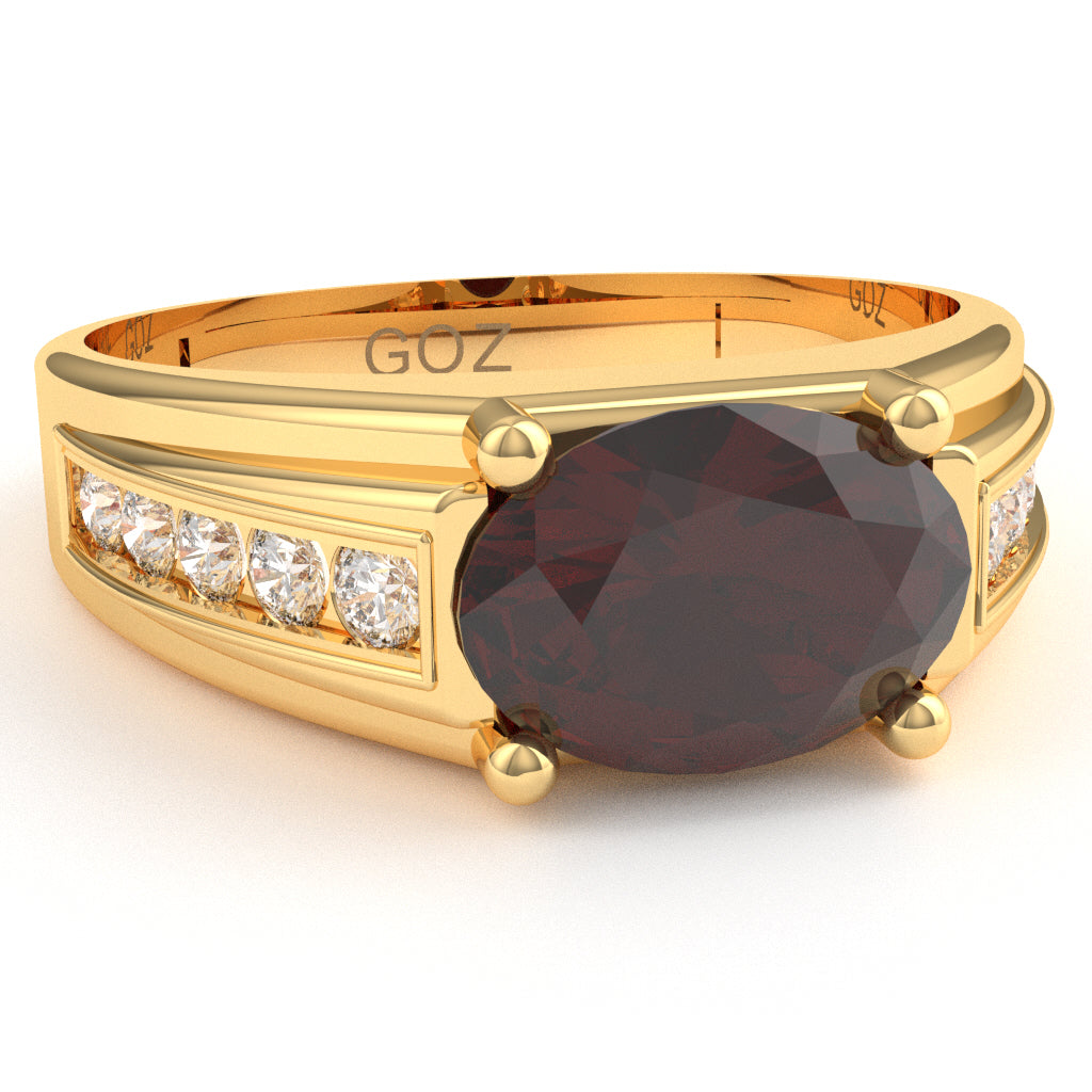 Garnet Diamond Designer Channel Ring In 14k Yellow Gold