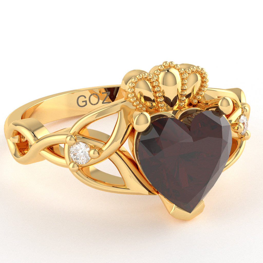 Celtic Trinity Knot Claddagh Heart Garnet Diamond Ring In 14k Yellow Gold