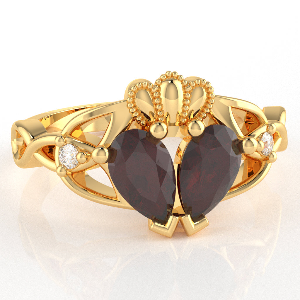 Garnet Diamond Celtic Knot Heart Claddagh Ring In 14k Yellow Gold