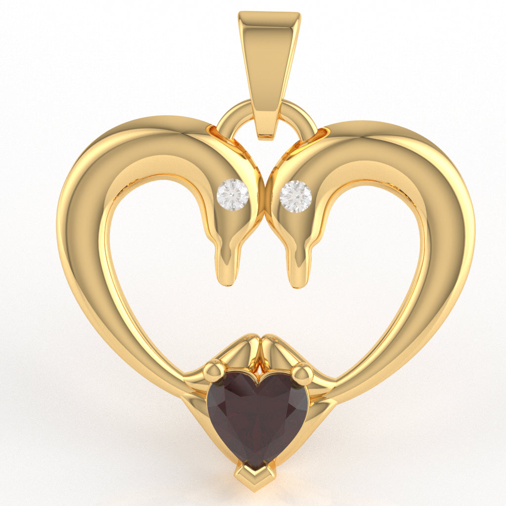 Garnet Diamond 2 Dolphins Heart Love Pendant In 14k Yellow Gold