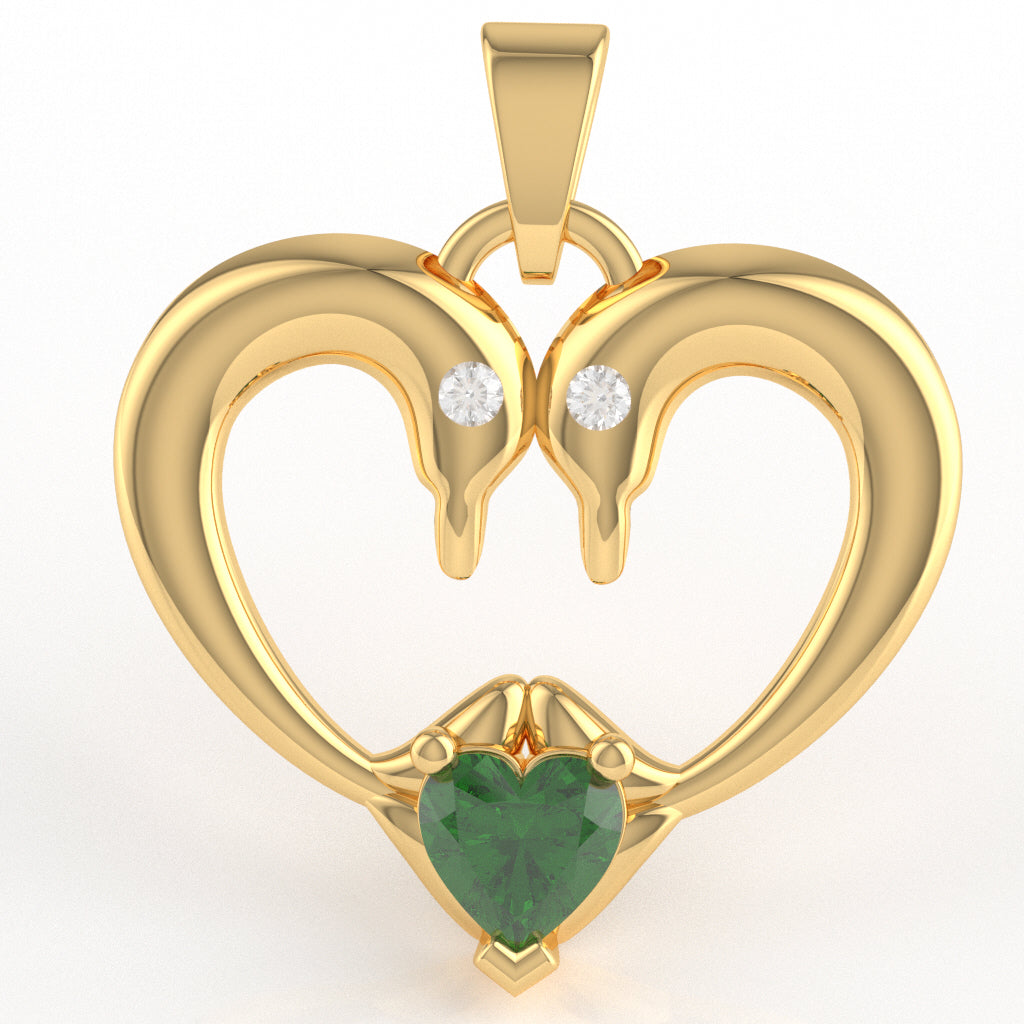 Lab-Created Emerald Diamond 2 Dolphins Heart Love Pendant In 10k Yellow Gold