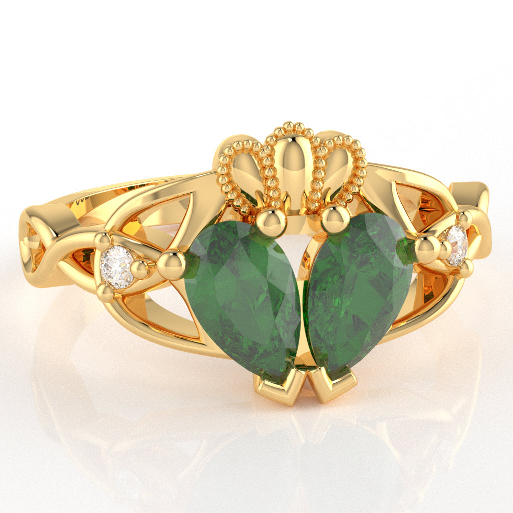 Lab-Created Emerald Diamond Celtic Knot Heart Claddagh Ring In 10k Yellow Gold