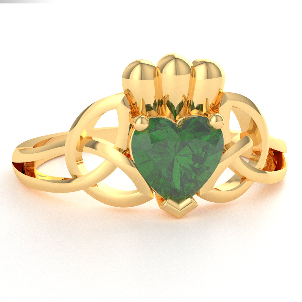 Celtic Trinity Knot Claddagh Lab-Created Emerald Engagement Ring In 14k Yellow Gold