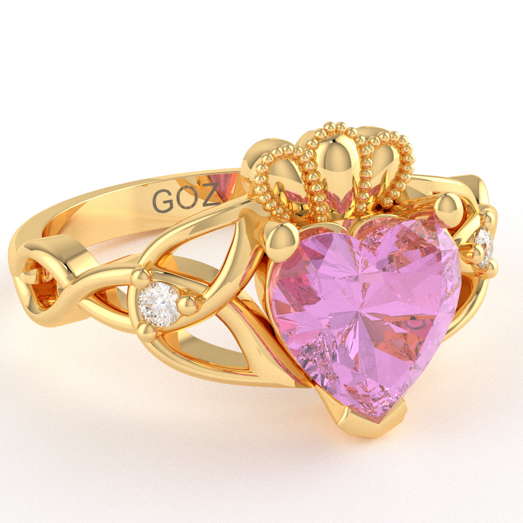 Celtic Trinity Knot Claddagh Heart Lab-Created Pink Sapphire Diamond Ring In 14k Yellow Gold