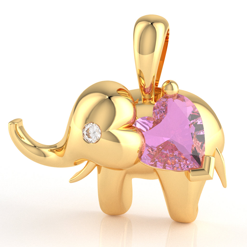 Lab-Created Pink Sapphire Diamond Elephant Heart Birthstone Pendant In 10k Yellow Gold