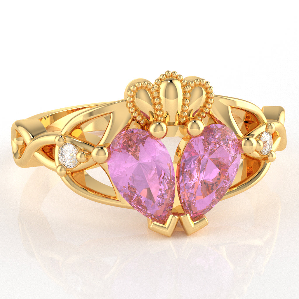 Lab-Created Pink Sapphire Diamond Celtic Knot Heart Claddagh Ring In 10k Yellow Gold