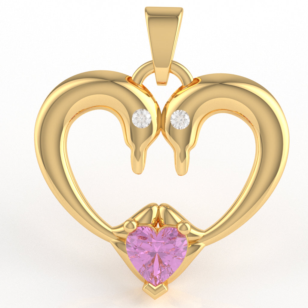 Lab-Created Pink Sapphire Diamond 2 Dolphins Heart Love Pendant In 10k Yellow Gold
