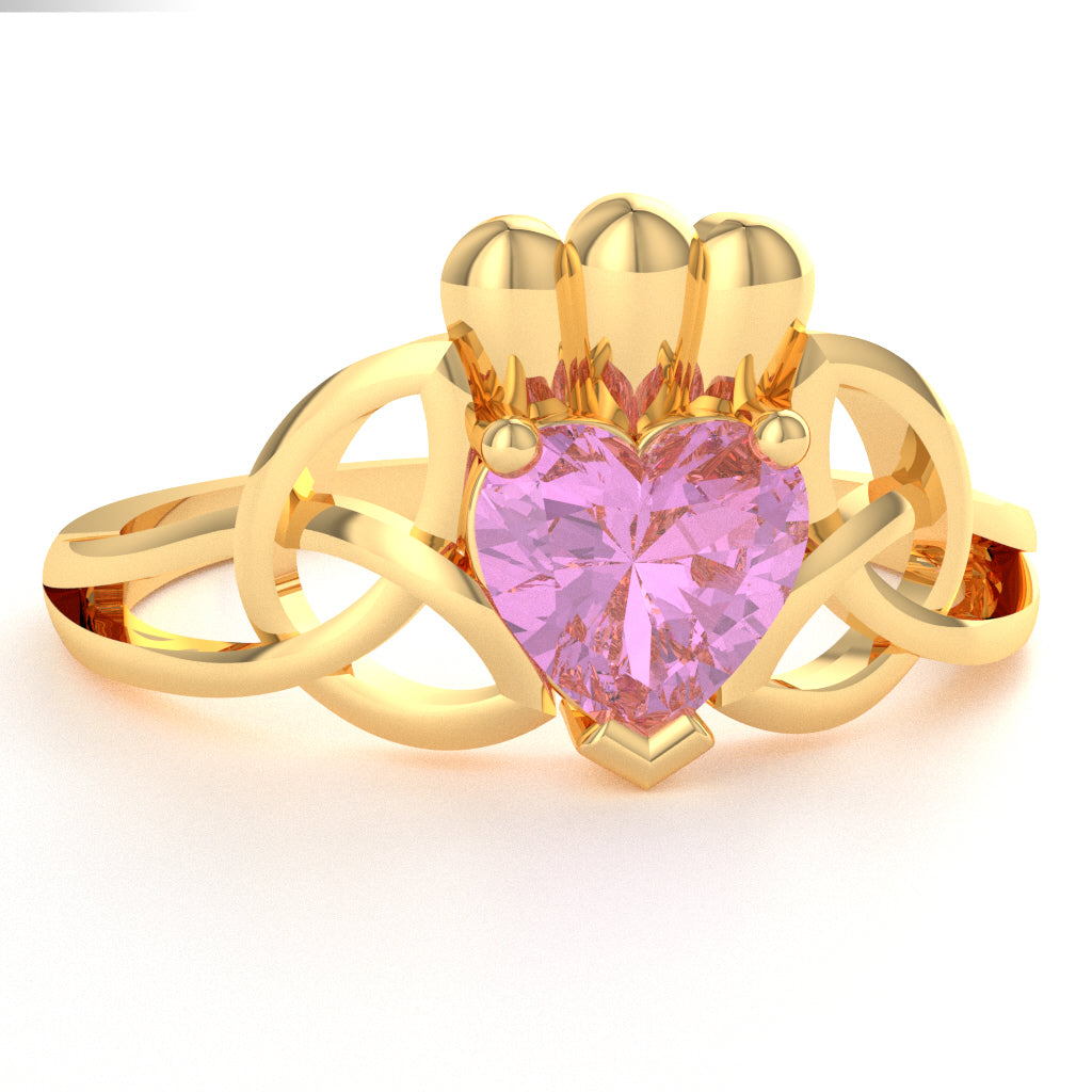 Celtic Trinity Knot Claddagh Lab-Created Pink Sapphire Engagement Ring In 14k Yellow Gold