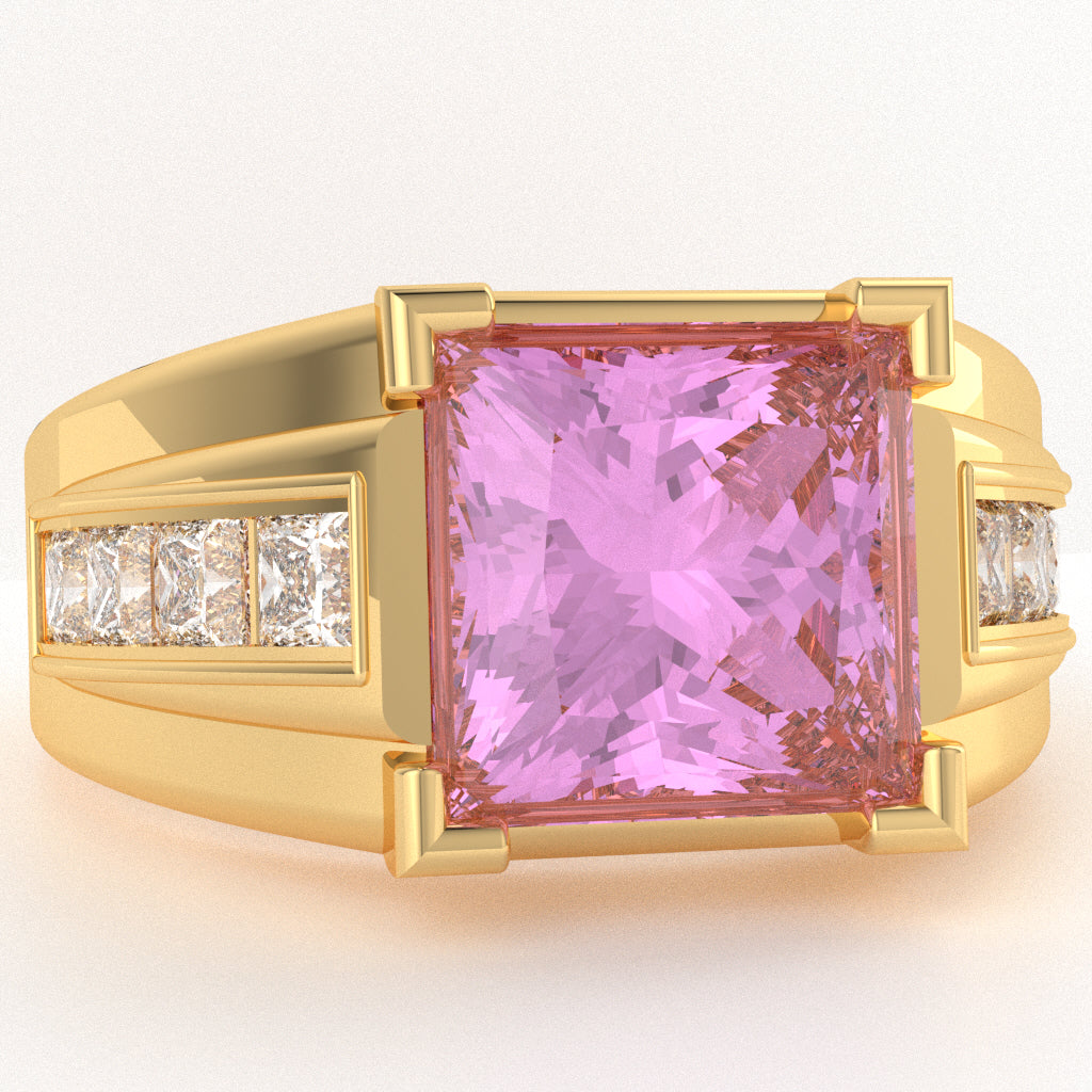 Men's Big Daddy Lab-Created Pink Sapphire Lab-Grown Diamond Channel Ring In Solid 14k Yellow Gold