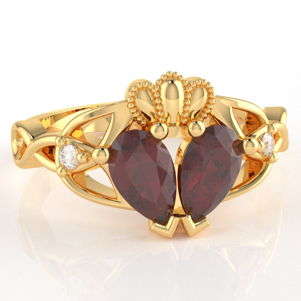 Lab-Created Ruby Diamond Celtic Knot Heart Claddagh Ring In 14k Yellow Gold
