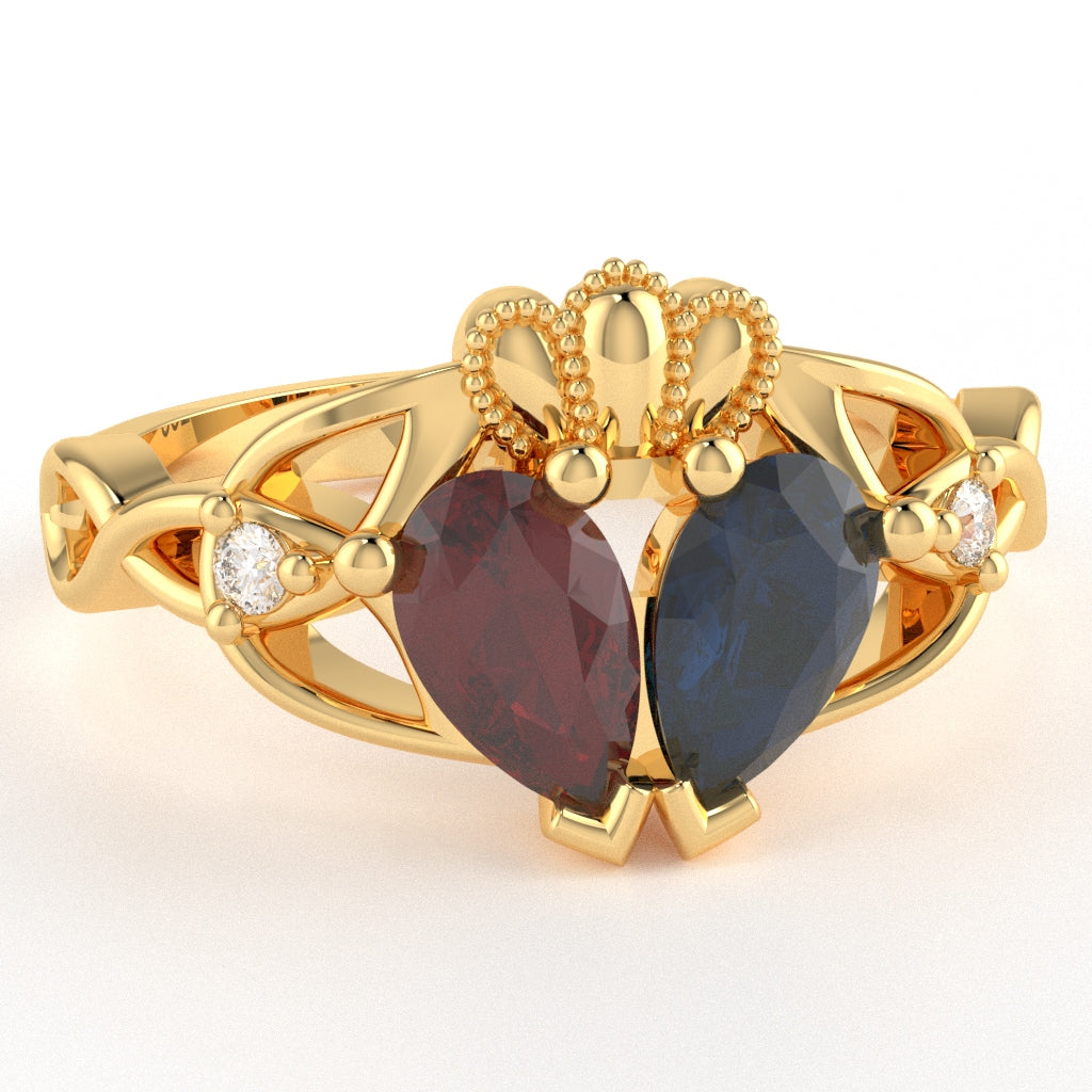 Customizable Gemstone Diamond Celtic Knot Heart Claddagh Ring In 14k Yellow Gold