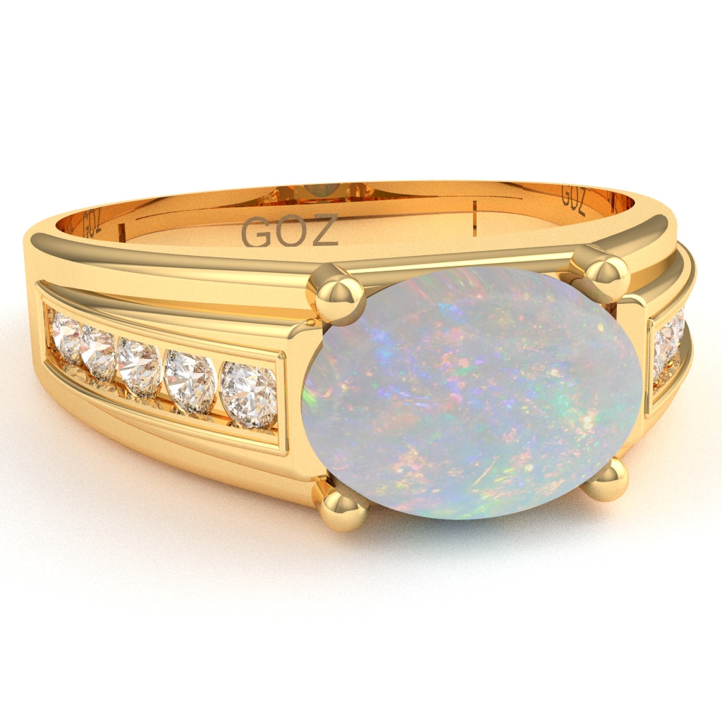 Opal Diamond Designer Channel Ring In 14k Yellow Gold