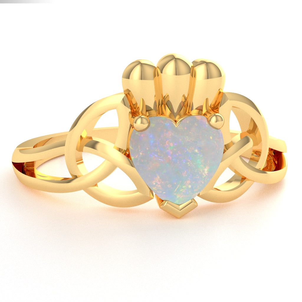 Celtic Trinity Knot Claddagh Opal Engagement Ring In 14k Yellow Gold