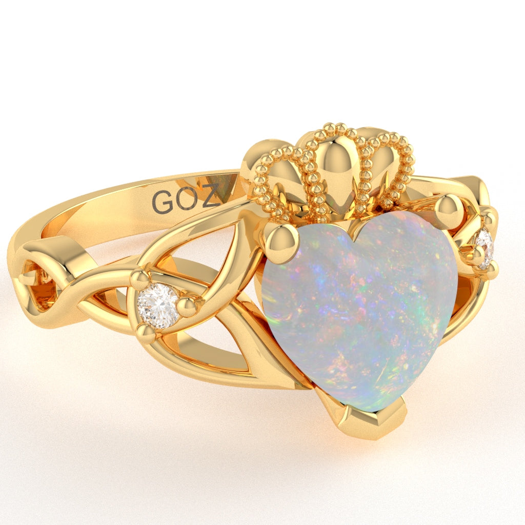 Celtic Trinity Knot Claddagh Heart Opal Diamond Ring In 10k Yellow Gold