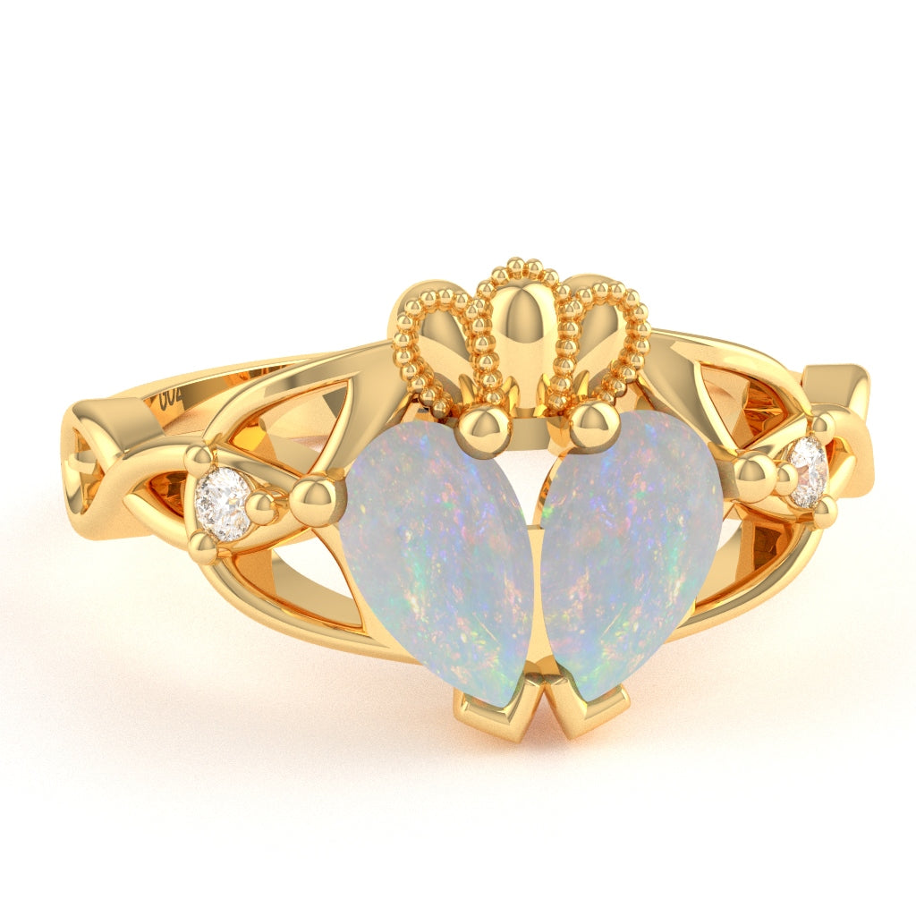 Opal Diamond Celtic Knot Heart Claddagh Ring In 14k Yellow Gold