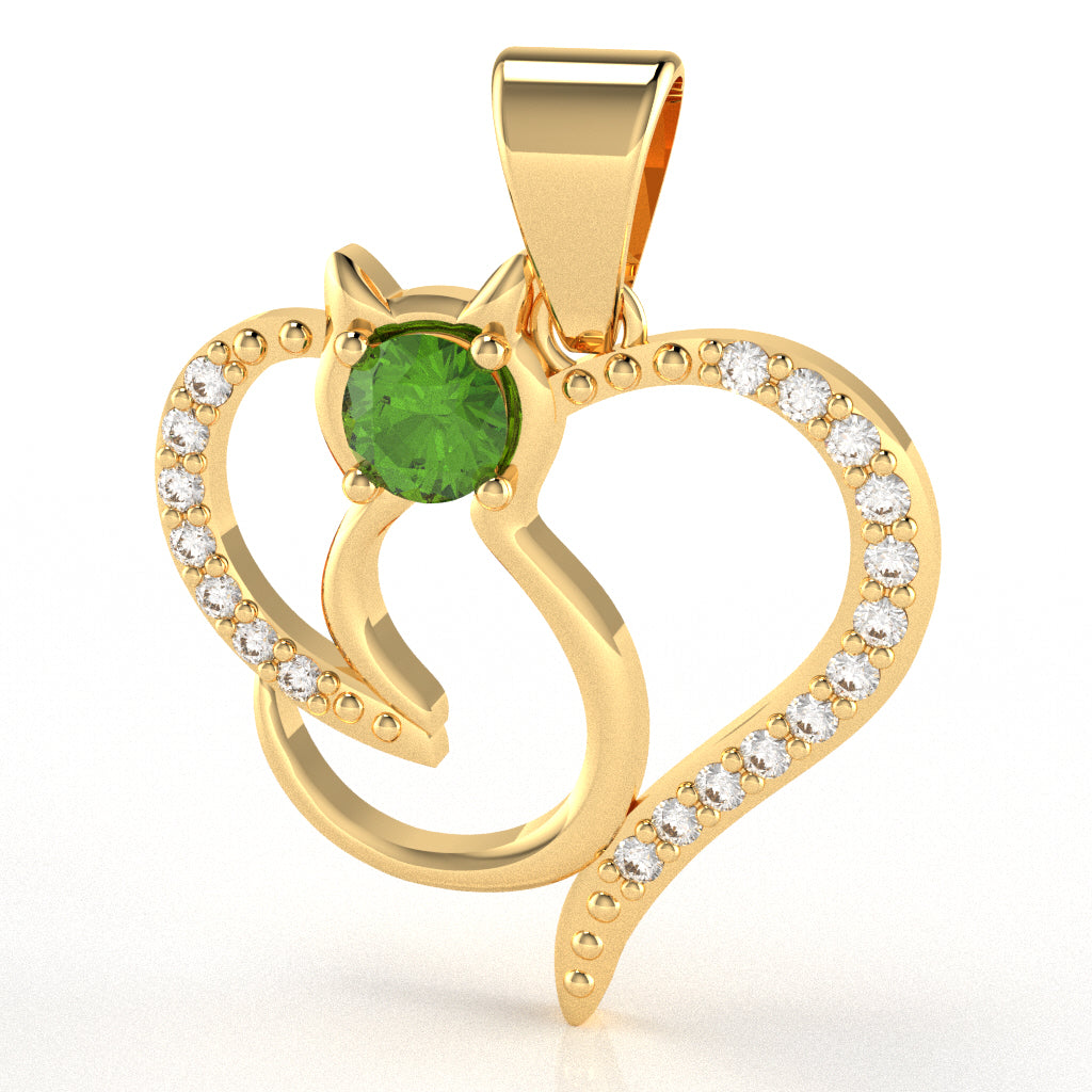 Peridot Diamond Cat Love Heart Pendant In 10k Yellow Gold