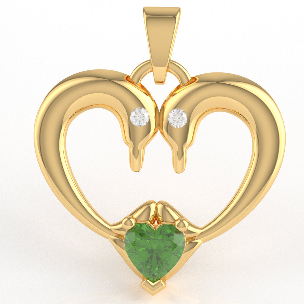 Peridot Diamond 2 Dolphins Heart Love Pendant In 14k Yellow Gold