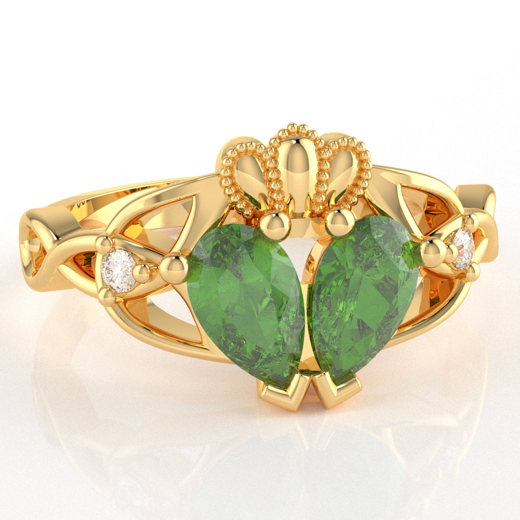 Peridot Diamond Celtic Knot Heart Claddagh Ring In 10k Yellow Gold