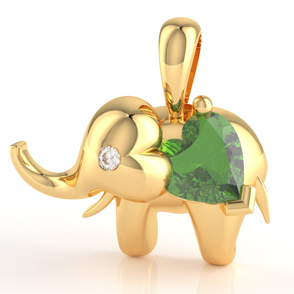 Peridot Diamond Elephant Heart Birthstone Pendant In 14k Yellow Gold