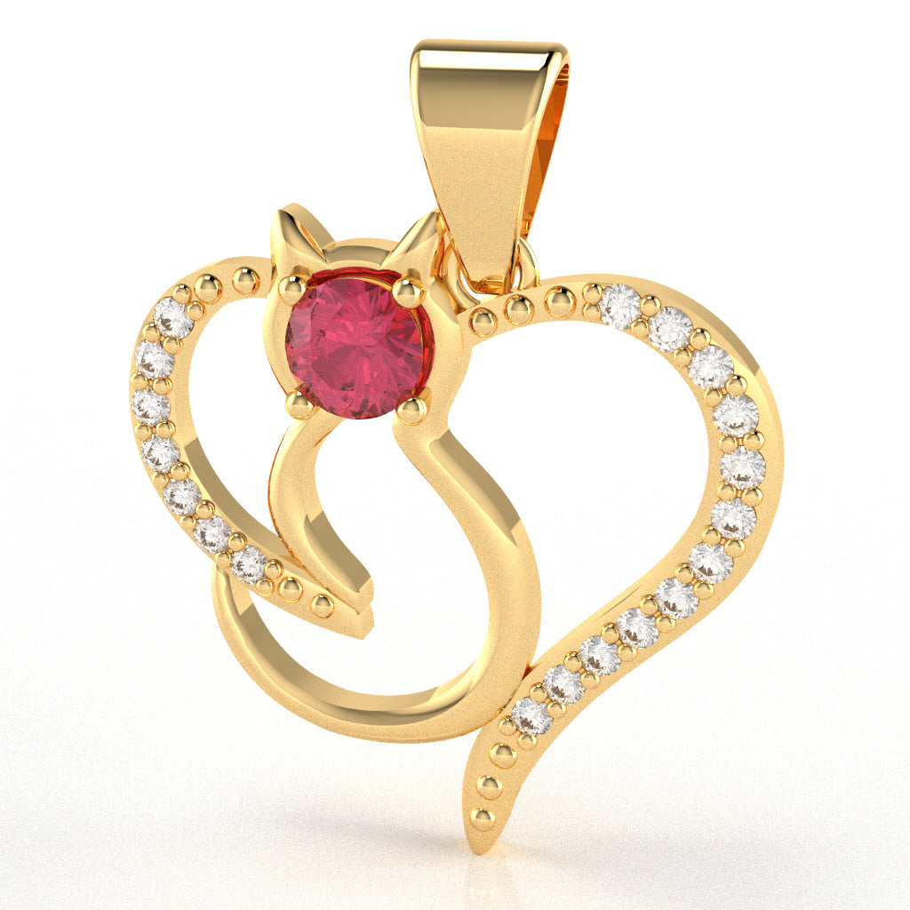 Pink Tourmaline Diamond Cat Love Heart Pendant In 14k Yellow Gold