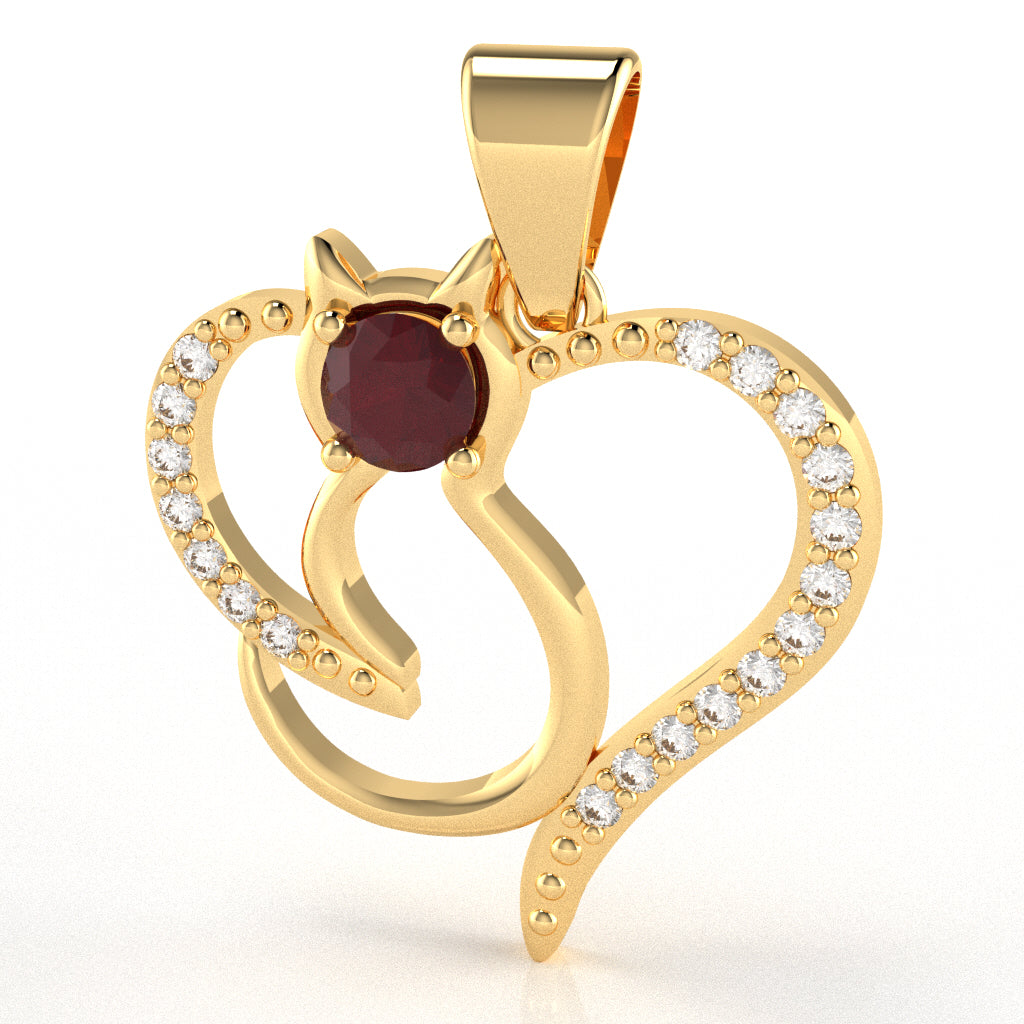 Ruby Diamond Cat Love Heart Pendant In 14k Yellow Gold